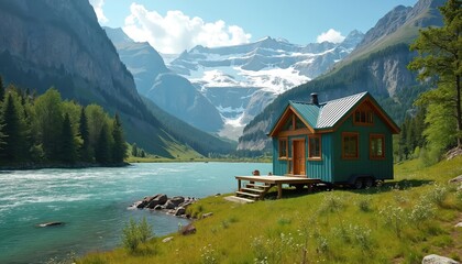 Small turquoise cabin sits near vibrant blue river beside snow capped mountains. Lush green trees cover slopes, clear sky above. Peaceful remote landscape offers solitude and nature escape.