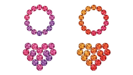 Colorful Gemstone Arrangements: Heart and Circular Designs on a White Background