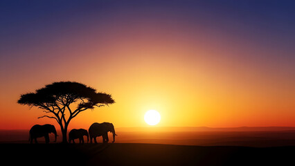 Serene African Sunset Scene with Silhouetted Elephants and a Lone Tree with a Vibrant Sky