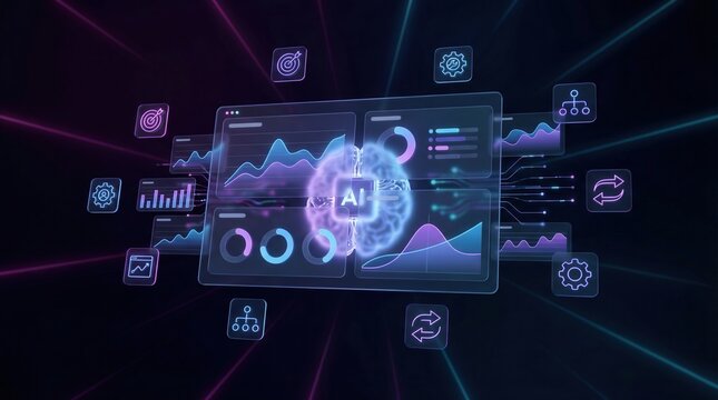 Artificial intelligence dashboard with charts and graphs displaying data analytics and insights