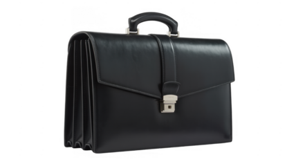 Black leather briefcase with silver hardware isolated on a transparent background 1
