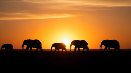 Fototapeta premium Serene African Sunset with Herd of Elephants Crossing the Plains at Dusk