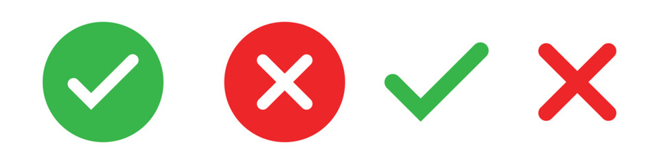 Fototapeta premium Check mark icons. green check mark and red cross mark icon set. green tick and red x. Symbols of approval and Decline, vector illustration