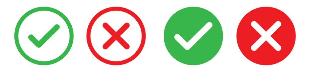 Check mark icons. green check mark and red cross mark icon set. green tick and red x. Symbols of approval and Decline, vector illustration