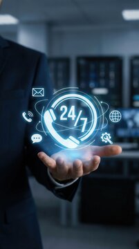 Businessman holding a glowing 24/7 customer support icon with surrounding service symbols