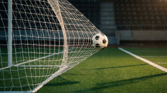 Soccer ball scoring a goal, caught in the net on a green field with stadium seating in background