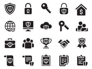 Collection of 20 security and business glyph icons for digital concepts and presentations