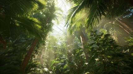 Fototapeta premium Sunlight shines through tropical plants in a dense forest scene during the day