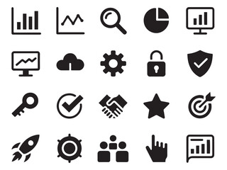 Collection of 20 glyph style icons for business technology and analytics concepts