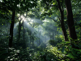 Obraz premium Forest trees with sunlight streaming through leaves and fog