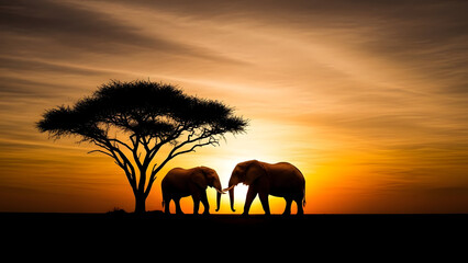 Fototapeta premium Serene African Sunset Featuring Two Elephants Beneath a Solitary Tree