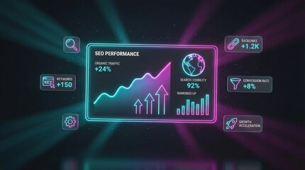 Digital marketing analytics dashboard showing SEO performance and growth metrics