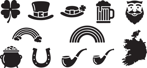St patricks day icon set black silhouette