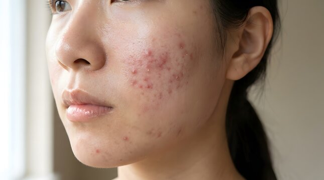 Young Asian Woman with Acne Inflamed Pimples and Redness on Face Closeup