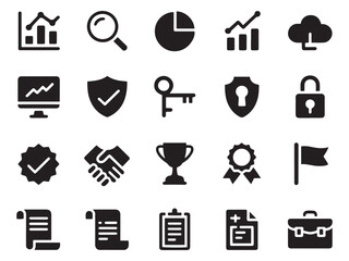Collection of business and finance glyph icons for data analysis security and success
