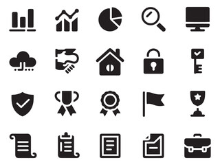 Modern glyph icons for business analytics finance technology and security concepts