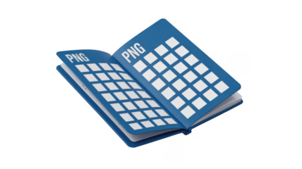 Blue P N G sticker book with white squares isolated on a transparent background
