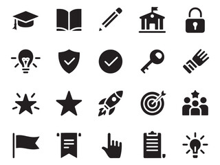 Collection of 20 glyph style icons for education business success and ideas on a transparent background