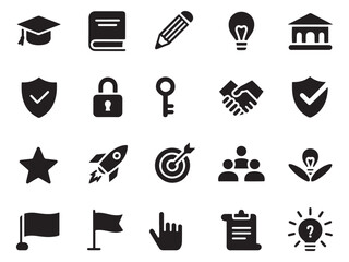 Collection of diverse glyph style icons for education business and success concepts