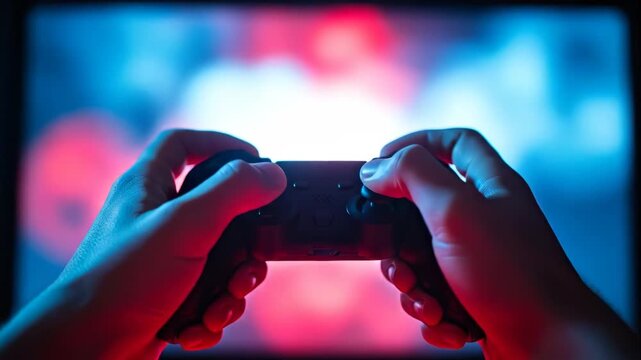 Hands holding video game controller with neon light effects