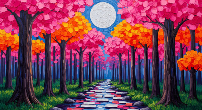 Abstract oil painting of surreal forest and moon 3D relief wallpaper for mural wall art, canvas print, wall decor painting design