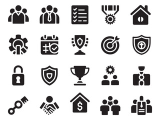 Collection of 20 business and finance glyph icons showing growth achievement security and teamwork concepts