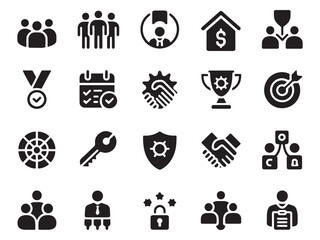 Collection of modern glyph style icons for business strategy teamwork and success themes