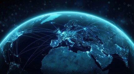 Global network connections illuminate the Earth at night, showing interconnected cities and continents