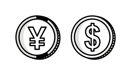 Vector illustration of currency coins, featuring yen and dollar symbols, isolated on white