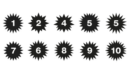 Set of starburst icons with numbers 1 to 10 for design elements and concepts