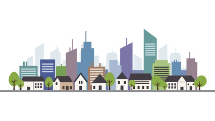 Fototapeta premium Stylized Vector Illustration of a City Skyline with Houses and Trees on a White Background