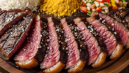 Gourmet Steak Dish: A mouthwatering display of expertly grilled steak, artfully arranged and accompanied by traditional side dishes. 