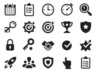 Collection of 20 glyph style icons for business success achievement and productivity management
