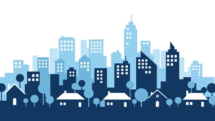 Modern city skyline illustration in shades of blue with buildings and houses.