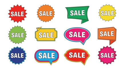Colorful sale stickers and badges collection on a white background, vector graphic design.
