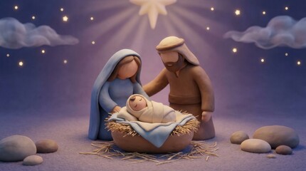 Claymation Nativity Scene: Mary and Joseph gaze lovingly at baby Jesus in a manger