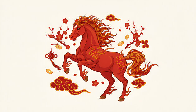 Dynamic Red Chinese Zodiac Horse with Plum Blossoms, Gold Coins, and Clouds. For lunar new year or Chinese new year.