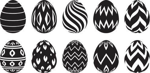 Ten black and white patterned easter eggs