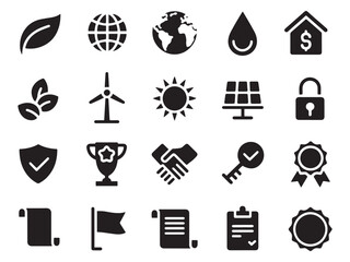 Clean energy and sustainability icons set representing earth eco-friendly solutions and business growth