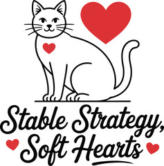 A minimalist illustration of a cat with a heart and text below