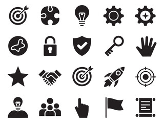 Diverse glyph icons set representing business goals ideas strategy and teamwork concepts
