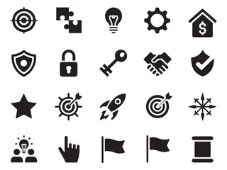 Collection of business and success glyph style icons for projects and strategy