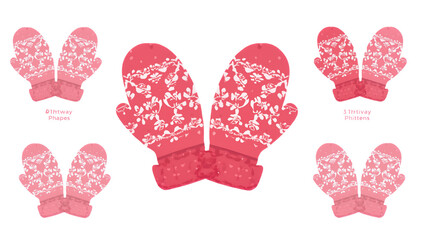 Winter mittens icon, pink knitted gloves, warm seasonal handwear, png file, isolated on white