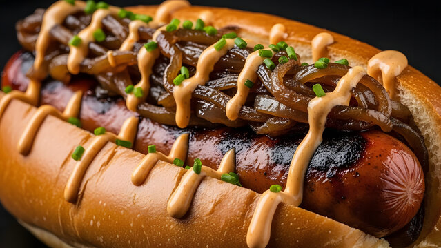 Hotdog Delight: A mouthwatering hot dog is generously adorned with caramelized onions and a drizzle of flavorful sauce, nestled in a soft, toasted bun, a culinary masterpiece.