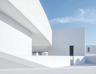 Clean white modern building framed against a soft sky highlighting geometric harmony restrained shadows and a sense of calm architectural assurance