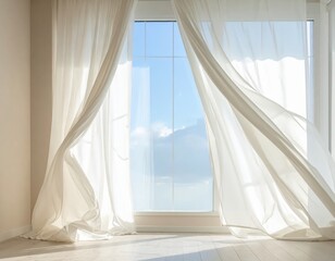 Thin white curtains captured in subtle motion with diffused daylight shaping gentle shadows in a quiet minimal interior space