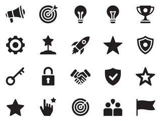 Collection of 20 glyph style icons for business strategy success achievement growth ideas