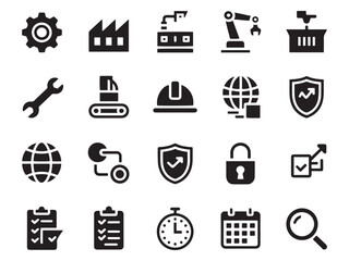 Industrial and business glyph icons set technology manufacturing security and management symbols collection