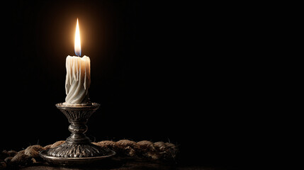 A solitary candle illuminates in the darkness, casting a warm glow