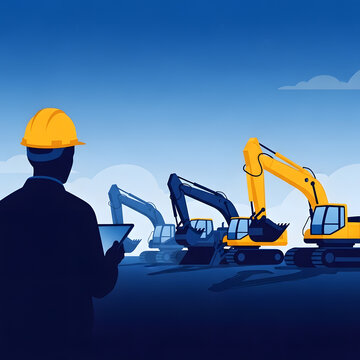 Supervisor de obra con casco observando excavadoras, seguridad laboral, inspecci&oacute;n y gesti&oacute;n de calidad en construcci&oacute;n e industria